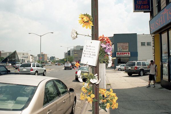A memorial for cyclist Asif Rahman, 22, who was killed on Queens Boulevard in February of 2008.